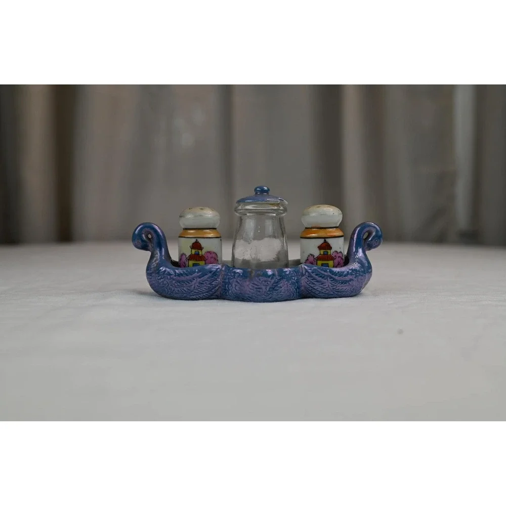 Vintage Lusterware Salt Pepper Sugar Set Made in Japan Blue Iridescent Pagoda